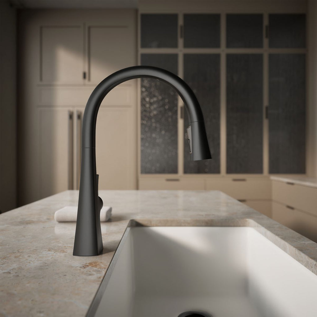 Graze Touchless pull-down kitchen sink faucet with three-function sprayhead, angled view, K-22068-BL