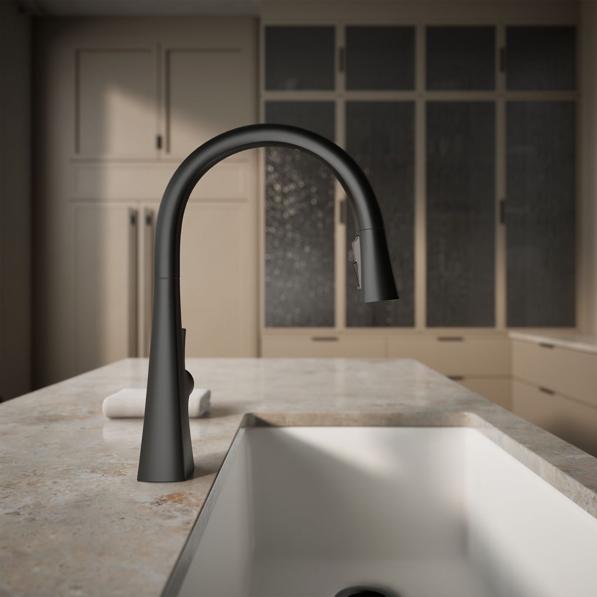 Graze Touchless pull-down kitchen sink faucet with three-function sprayhead, angled view, K-22068-BL