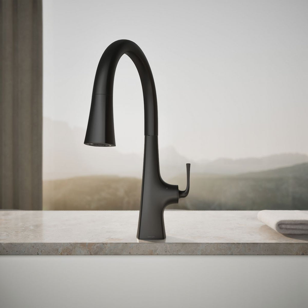 Graze Touchless pull-down kitchen sink faucet with three-function sprayhead, featured product view, K-22068-BL
