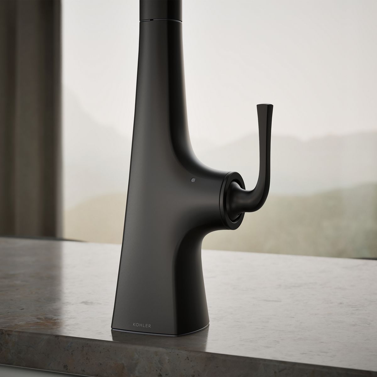 Graze Touchless pull-down kitchen sink faucet with three-function sprayhead, close-up of feature in use, K-22068-BL