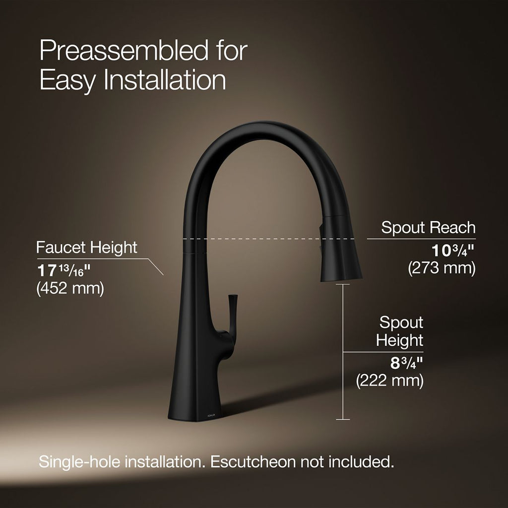 Graze Touchless pull-down kitchen sink faucet with three-function sprayhead, 3/4 view with dimensions, K-22068-BL