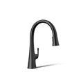 KOHLER Graze Touchless pull-down kitchen sink faucet with three-function sprayhead in Matte Black, 3/4 view, K-22068-BL