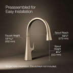 Graze Touchless pull-down kitchen sink faucet with three-function sprayhead, 3/4 view with dimensions, K-22068-BV