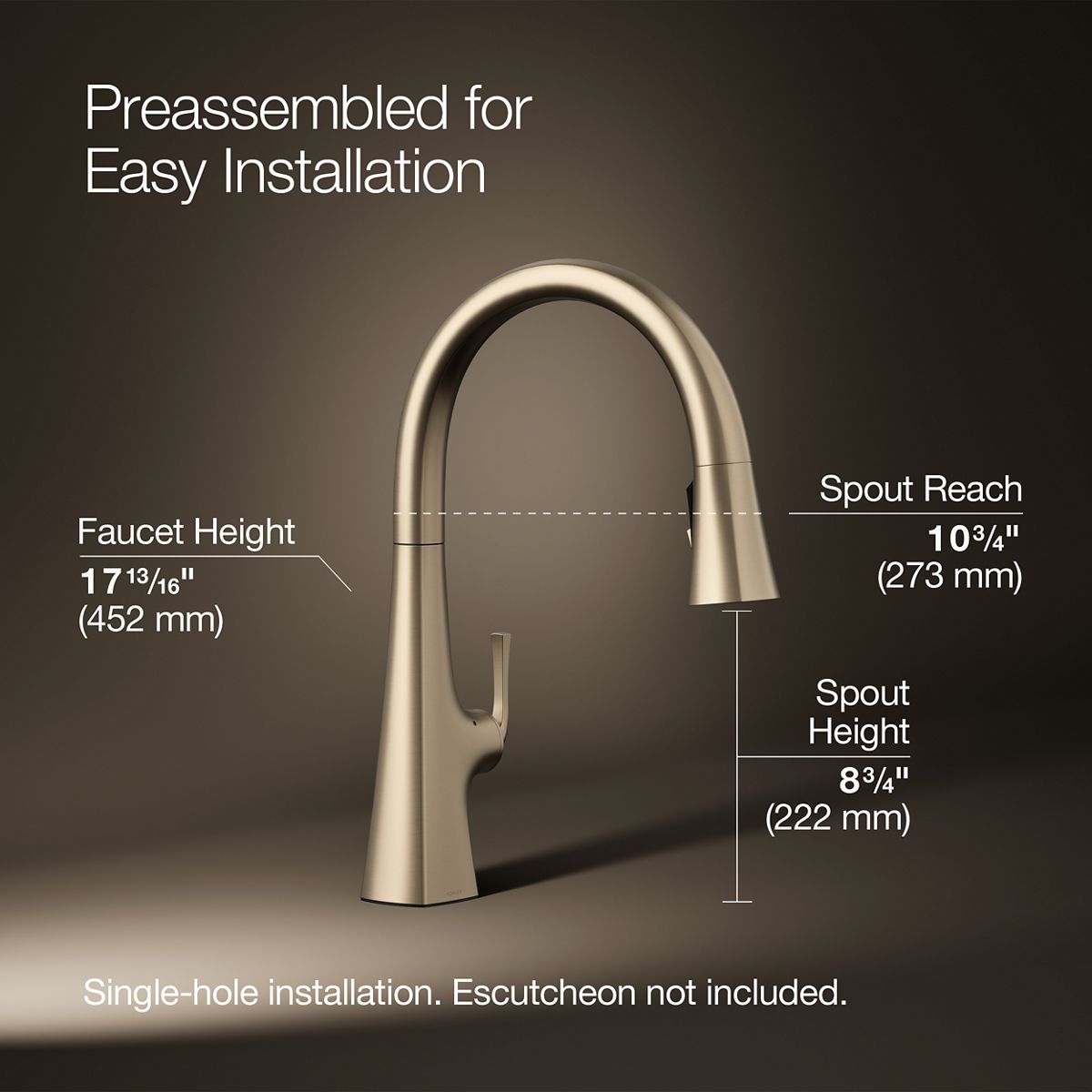 Graze Touchless pull-down kitchen sink faucet with three-function sprayhead, 3/4 view with dimensions, K-22068-BV