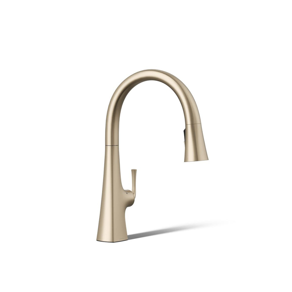 KOHLER Graze Touchless pull-down kitchen sink faucet with three-function sprayhead in Vibrant Brushed Bronze, 3/4 view, K-22068-BV