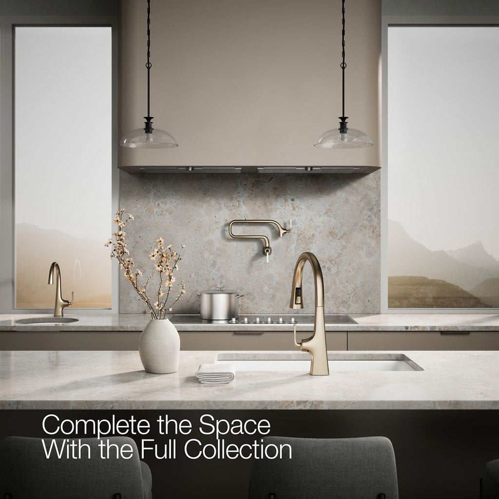Graze Touchless pull-down kitchen sink faucet with three-function sprayhead, in a room setting, K-22068-BV