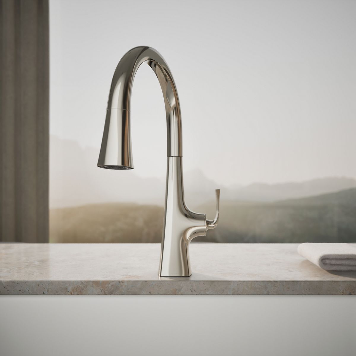 Graze Touchless pull-down kitchen sink faucet with three-function sprayhead, featured product view, K-22068-SN
