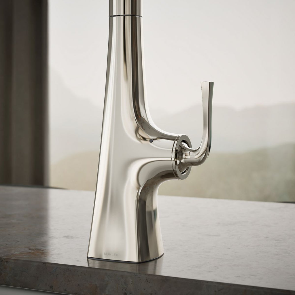 Graze Touchless pull-down kitchen sink faucet with three-function sprayhead, close-up of feature in use, K-22068-SN