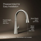 Graze Touchless pull-down kitchen sink faucet with three-function sprayhead, 3/4 view with dimensions, K-22068-SN