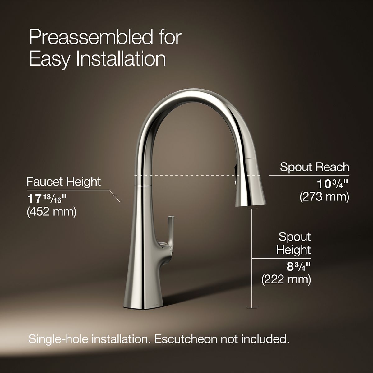 Graze Touchless pull-down kitchen sink faucet with three-function sprayhead, 3/4 view with dimensions, K-22068-SN