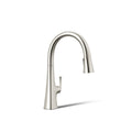 KOHLER Graze Touchless pull-down kitchen sink faucet with three-function sprayhead in Vibrant Polished Nickel, 3/4 view, K-22068-SN