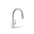 KOHLER Graze Touchless pull-down kitchen sink faucet with three-function sprayhead in Vibrant Polished Nickel, 3/4 view, K-22068-SN