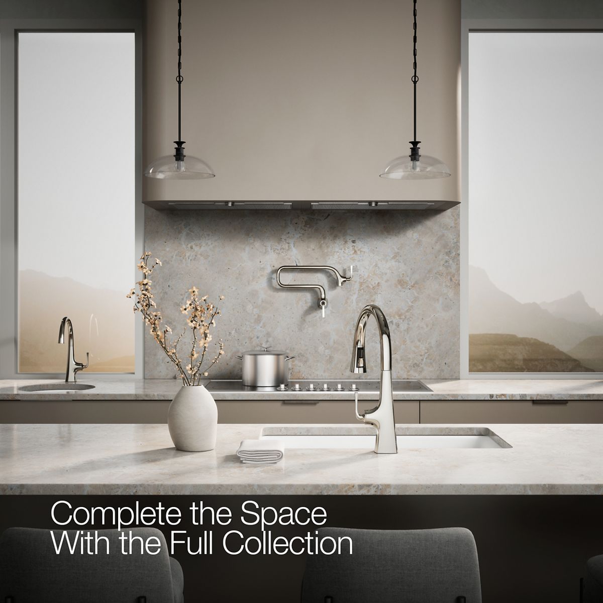 Graze Touchless pull-down kitchen sink faucet with three-function sprayhead, in a room setting, K-22068-SN