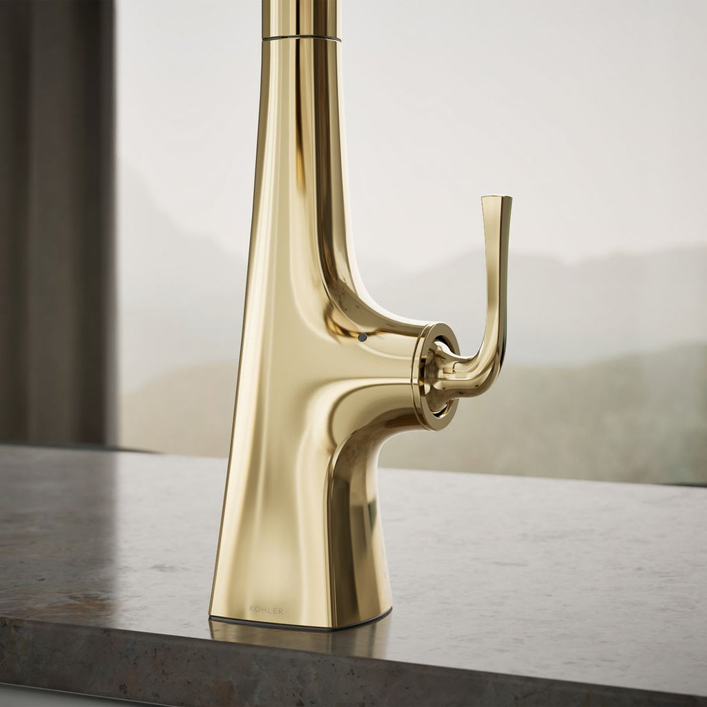 Graze Touchless pull-down kitchen sink faucet with KOHLER Konnect and three-function sprayhead, close-up of feature in use, K-22068-WB-AF