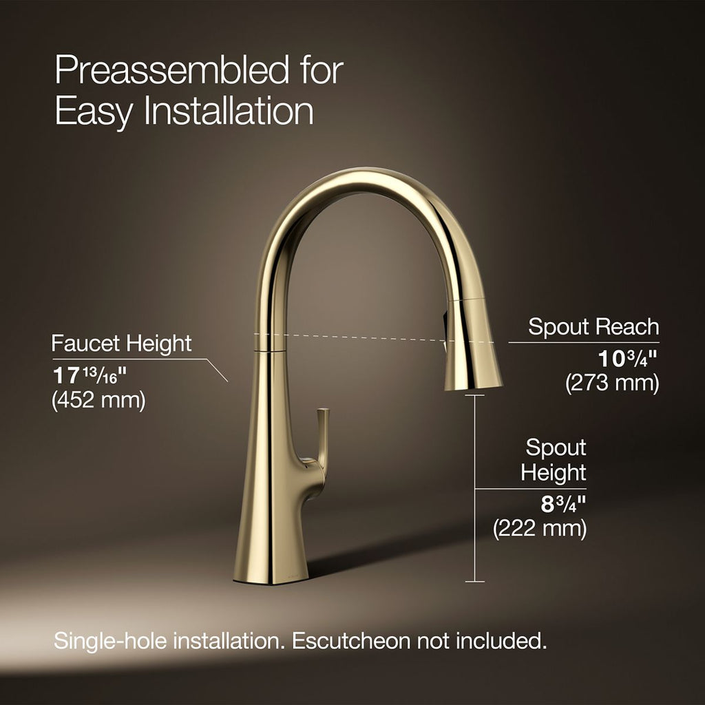 Graze Touchless pull-down kitchen sink faucet with KOHLER Konnect and three-function sprayhead, 3/4 view with dimensions, K-22068-WB-AF