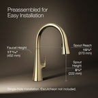 Graze Touchless pull-down kitchen sink faucet with KOHLER Konnect and three-function sprayhead, 3/4 view with dimensions, K-22068-WB-AF