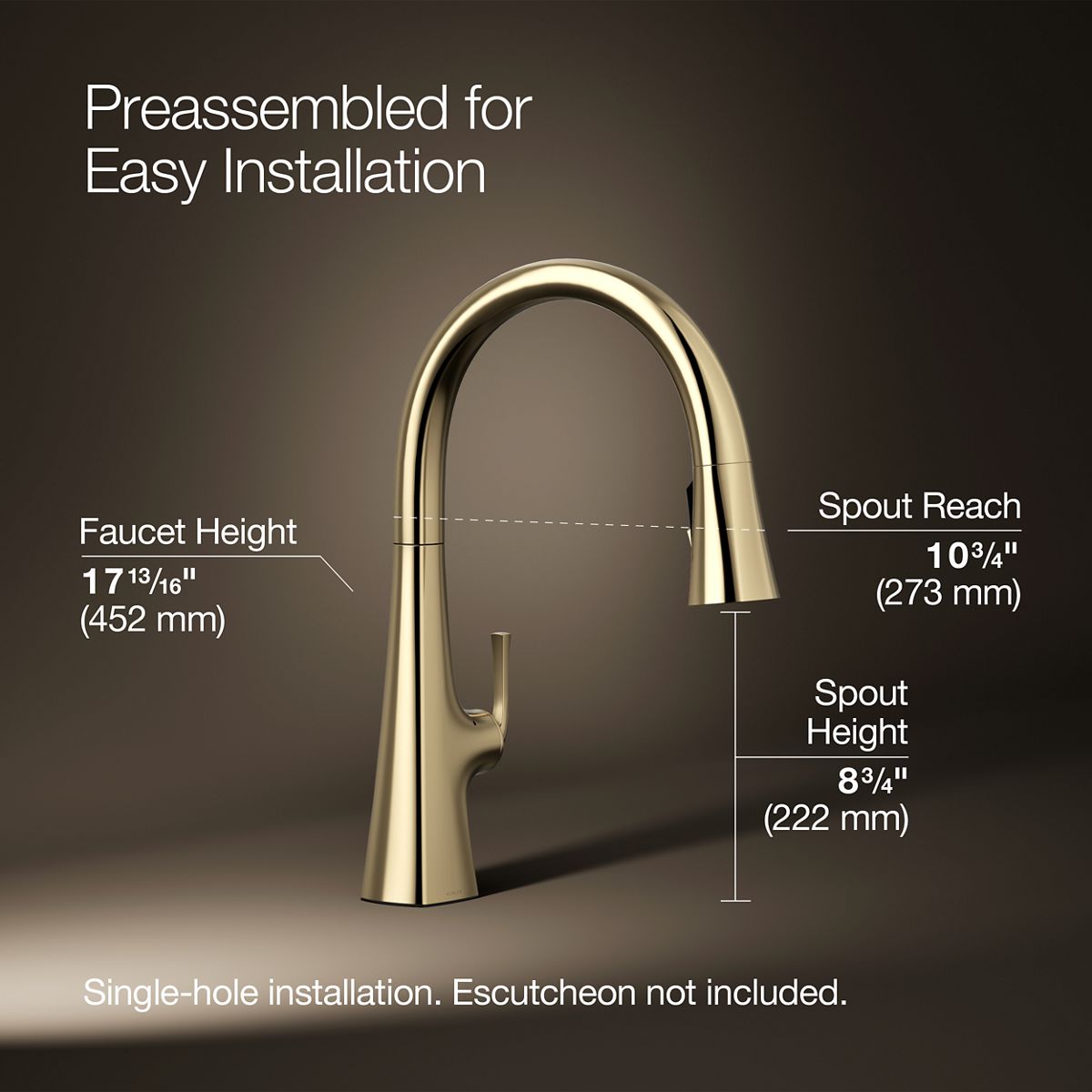 Graze Touchless pull-down kitchen sink faucet with KOHLER Konnect and three-function sprayhead, 3/4 view with dimensions, K-22068-WB-AF