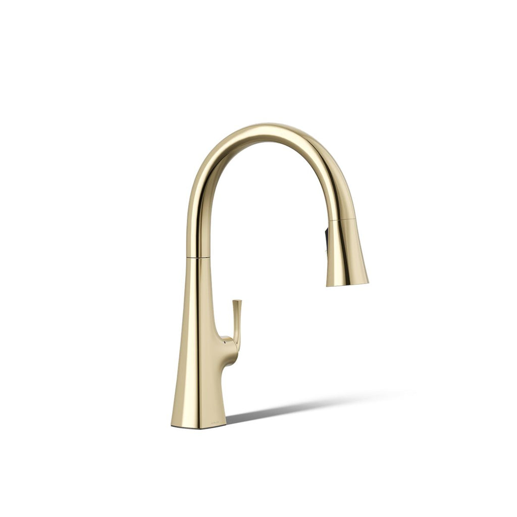 KOHLER Graze Touchless pull-down kitchen sink faucet with KOHLER Konnect and three-function sprayhead in Vibrant French Gold, 3/4 view, K-22068-WB-AF