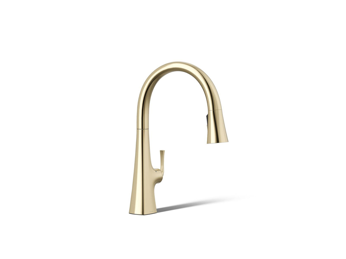 Graze Touchless pull-down kitchen sink faucet with KOHLER Konnect and three-function sprayhead, 3/4 view, K-22068-WB-AF