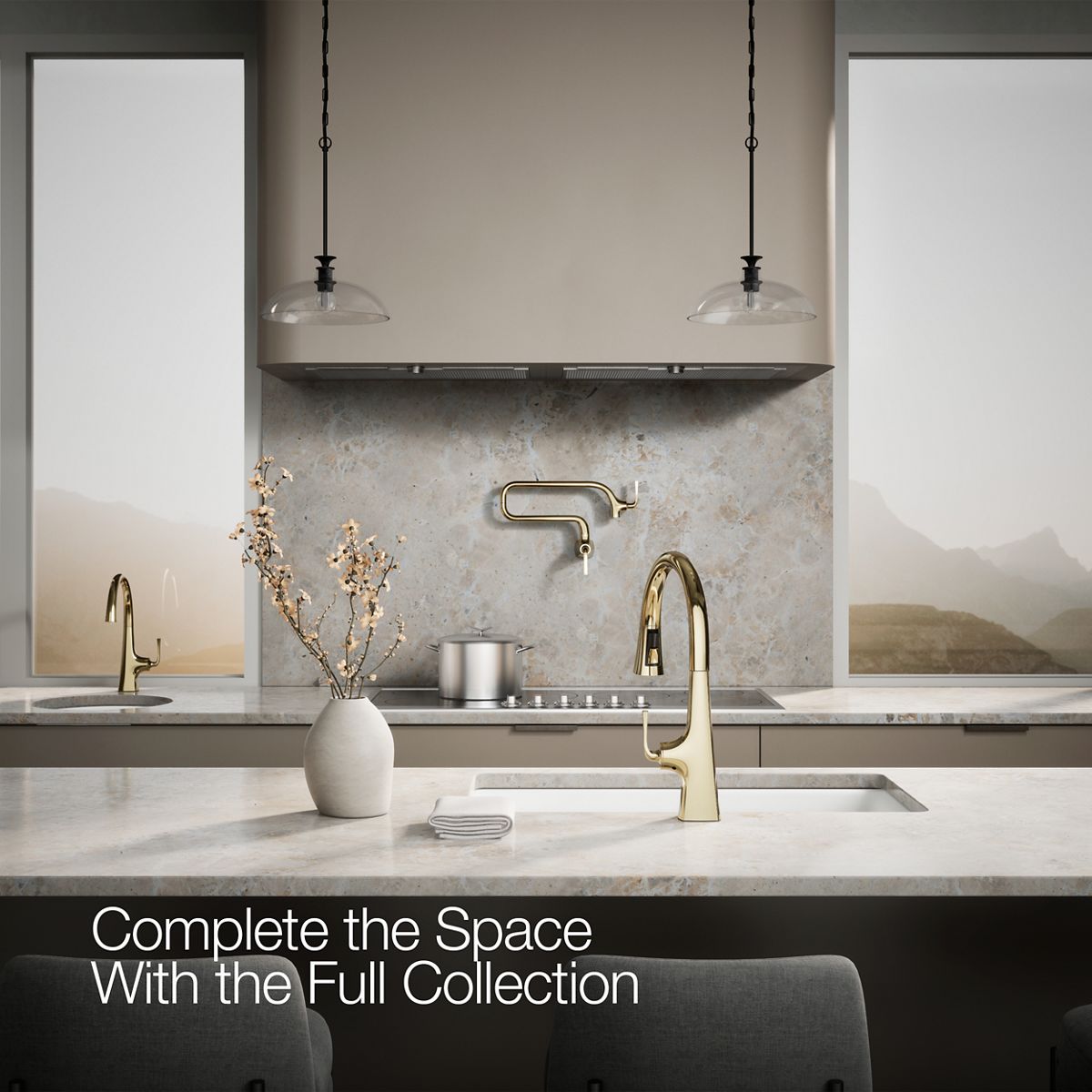 Graze Touchless pull-down kitchen sink faucet with KOHLER Konnect and three-function sprayhead, in a room setting, K-22068-WB-AF