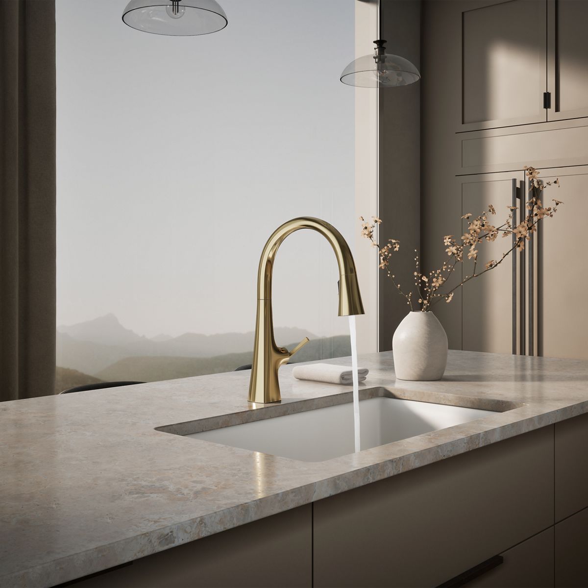 Graze Touchless pull-down kitchen sink faucet with KOHLER Konnect and three-function sprayhead, in use in a room setting, K-22068-WB-AF