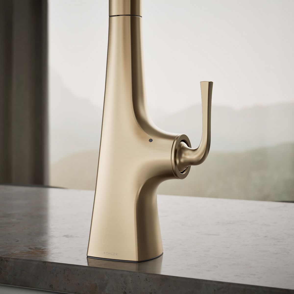 Graze Touchless pull-down kitchen sink faucet with KOHLER Konnect and three-function sprayhead, close-up of feature in use, K-22068-WB-BV