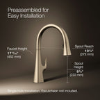 Graze Touchless pull-down kitchen sink faucet with KOHLER Konnect and three-function sprayhead, 3/4 view with dimensions, K-22068-WB-BV