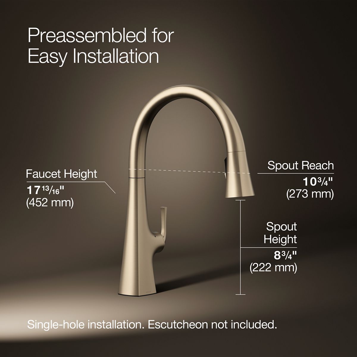 Graze Touchless pull-down kitchen sink faucet with KOHLER Konnect and three-function sprayhead, 3/4 view with dimensions, K-22068-WB-BV