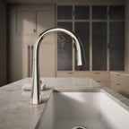 Graze Touchless pull-down kitchen sink faucet with KOHLER Konnect and three-function sprayhead, angled view, K-22068-WB-SN