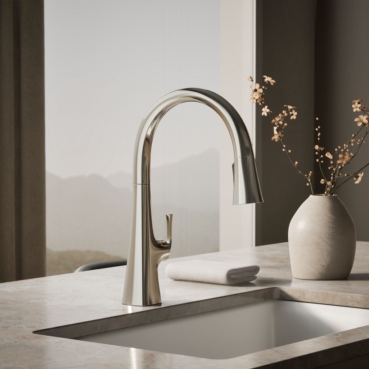 Graze Touchless pull-down kitchen sink faucet with KOHLER Konnect and three-function sprayhead, close-up in a room setting, K-22068-WB-SN