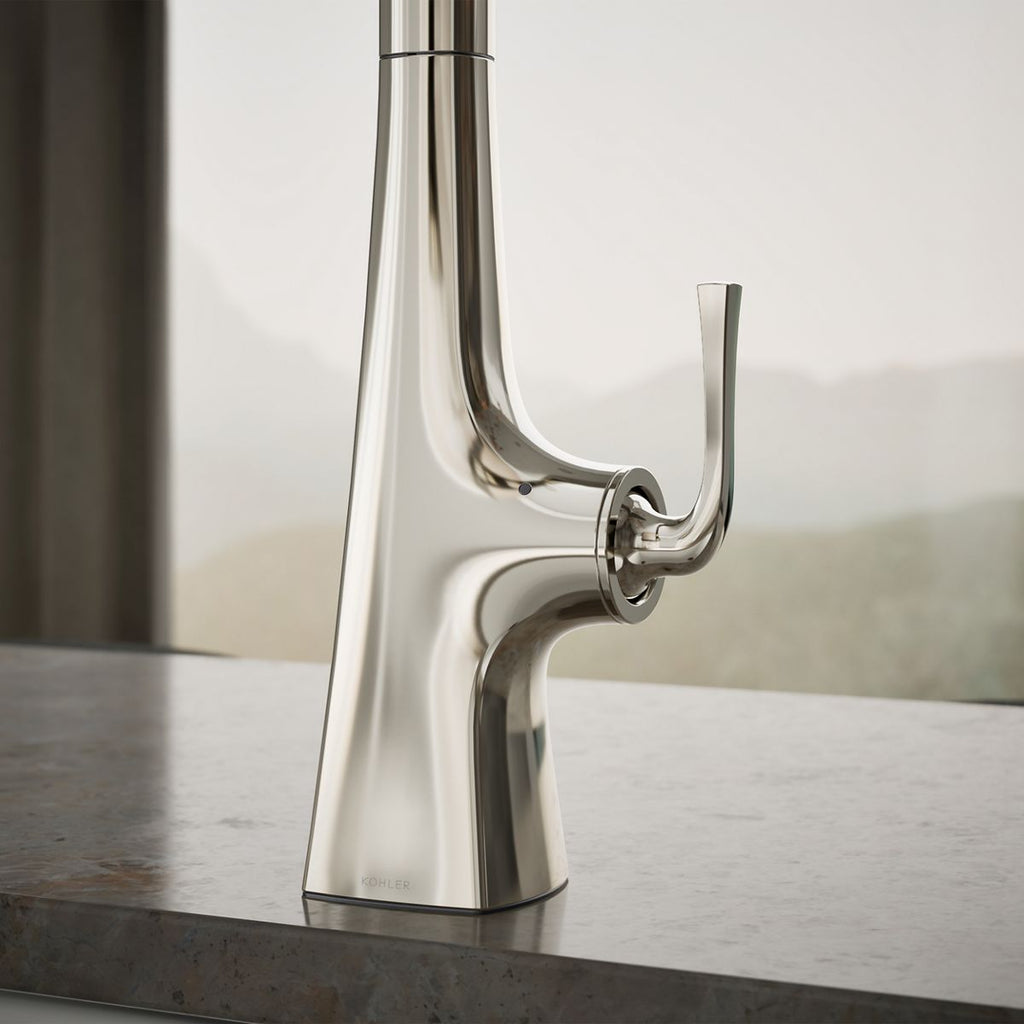 Graze Touchless pull-down kitchen sink faucet with KOHLER Konnect and three-function sprayhead, close-up of feature in use, K-22068-WB-SN