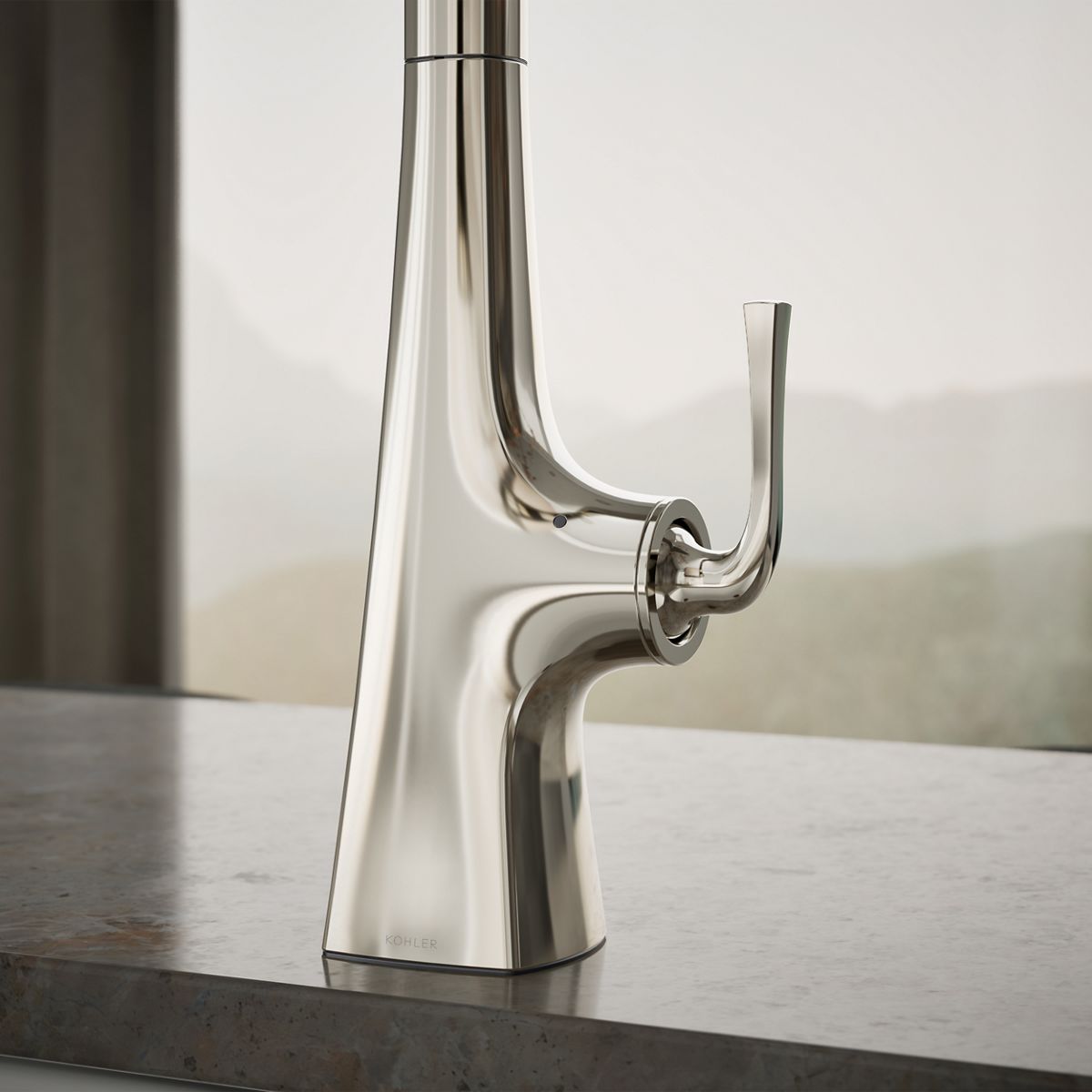Graze Touchless pull-down kitchen sink faucet with KOHLER Konnect and three-function sprayhead, close-up of feature in use, K-22068-WB-SN
