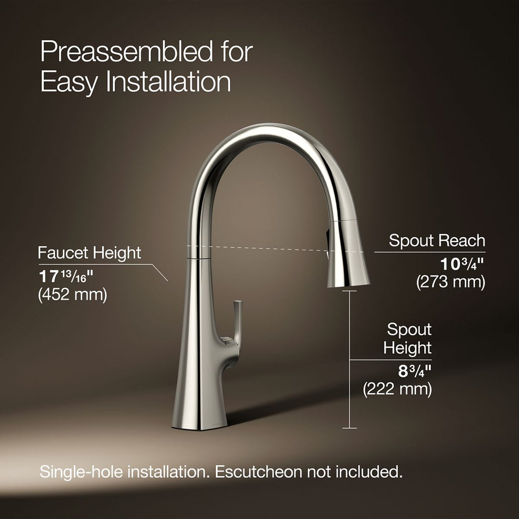 Graze Touchless pull-down kitchen sink faucet with KOHLER Konnect and three-function sprayhead, 3/4 view with dimensions, K-22068-WB-SN