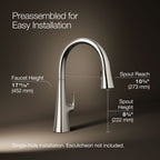 Graze Touchless pull-down kitchen sink faucet with KOHLER Konnect and three-function sprayhead, 3/4 view with dimensions, K-22068-WB-SN