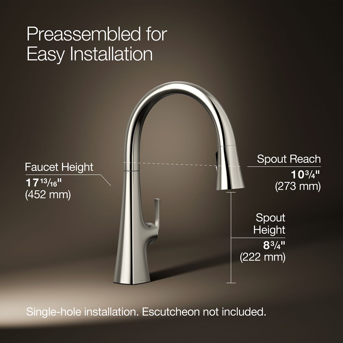 Graze Touchless pull-down kitchen sink faucet with KOHLER Konnect and three-function sprayhead, 3/4 view with dimensions, K-22068-WB-SN