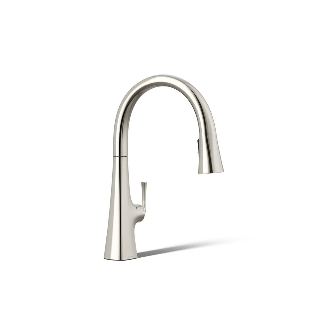 KOHLER Graze Touchless pull-down kitchen sink faucet with KOHLER Konnect and three-function sprayhead in Vibrant Polished Nickel, 3/4 view, K-22068-WB-SN