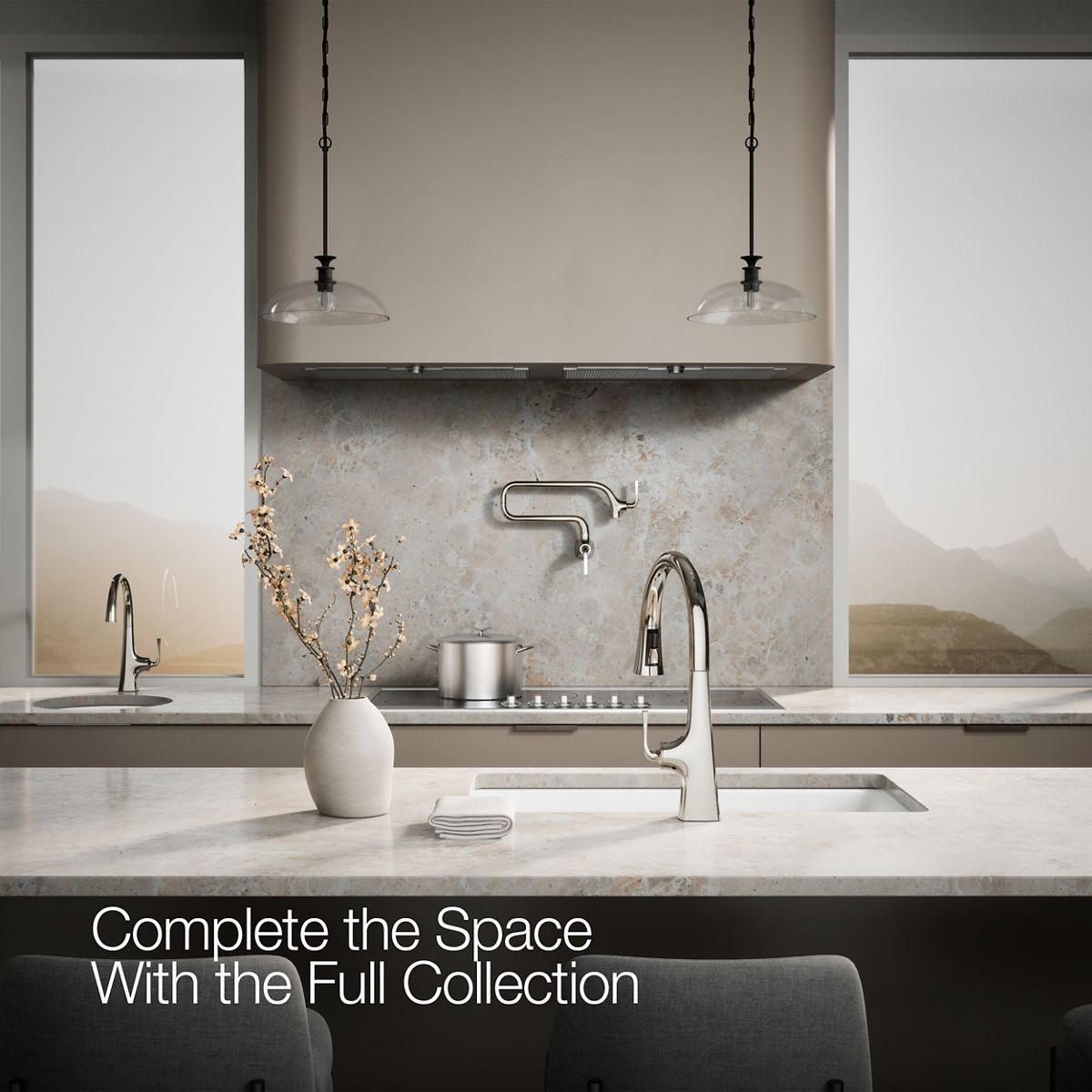 Graze Touchless pull-down kitchen sink faucet with KOHLER Konnect and three-function sprayhead, in a room setting, K-22068-WB-SN