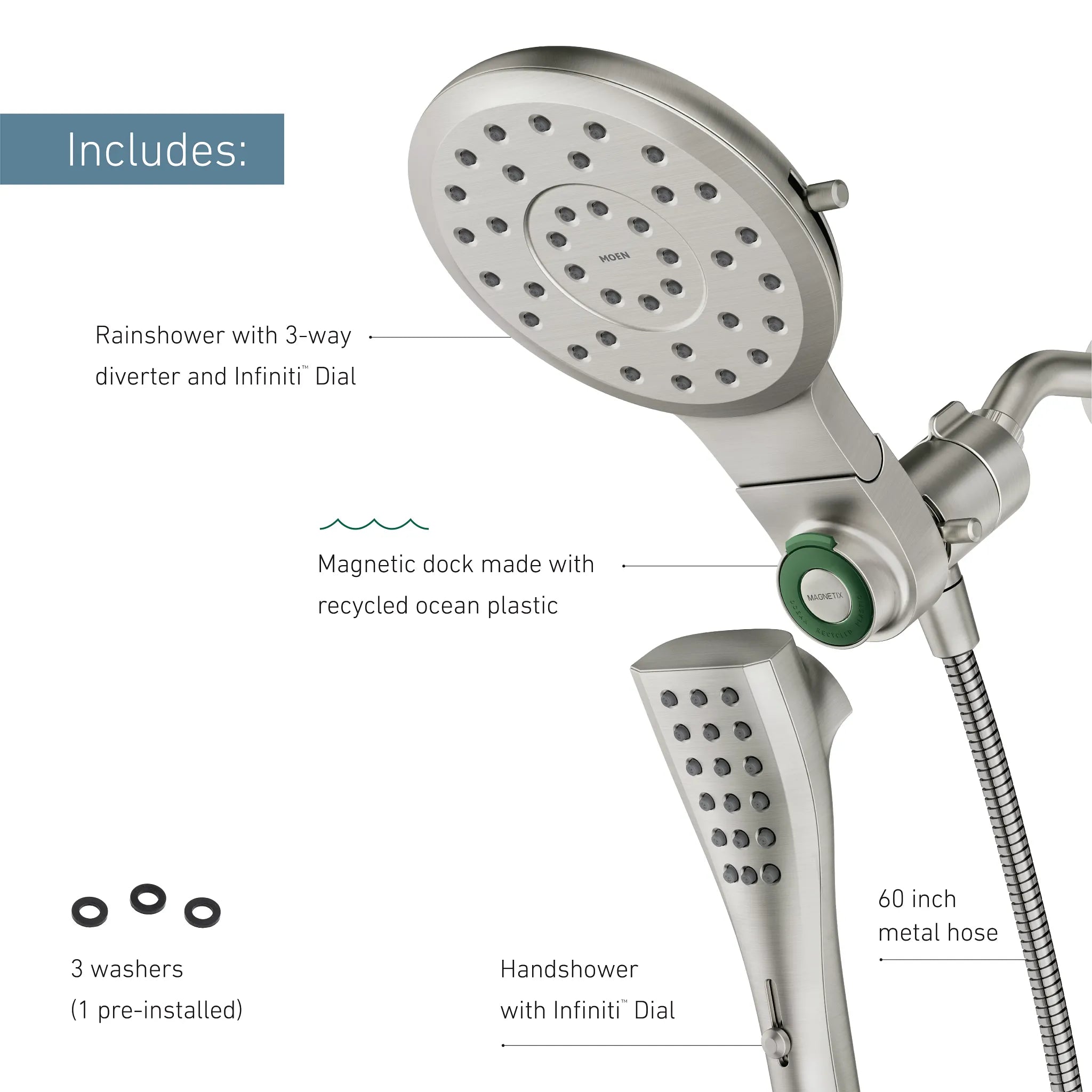 MOEN 220C2SRN  Eight-Function 7" Diameter Spray Head Standard With Handshower In Spot Resist Brushed Nickel