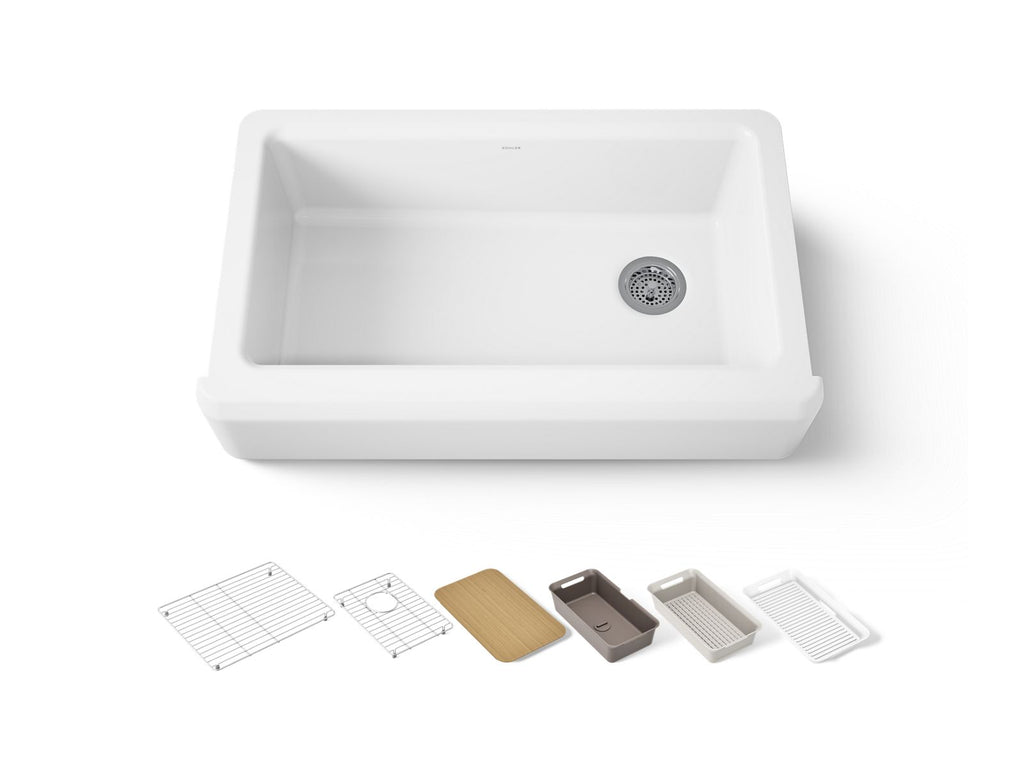 KOHLER K-24564-PC-0 Riverby 35-3/4" Undermount Single-Bowl Farmhouse Workstation Kitchen Sink - White