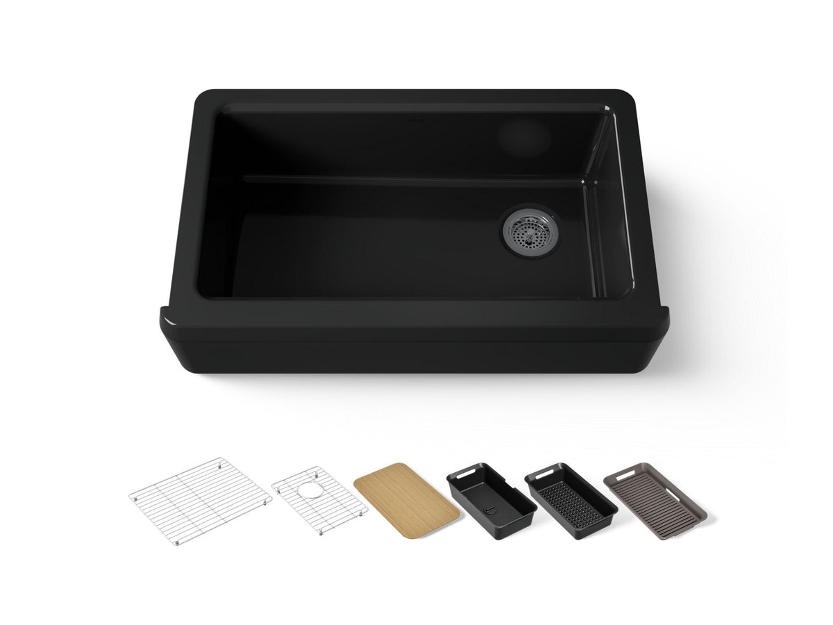 KOHLER K-24564-PC-7 Riverby 35-3/4" Undermount Single-Bowl Farmhouse Workstation Kitchen Sink - Black Black