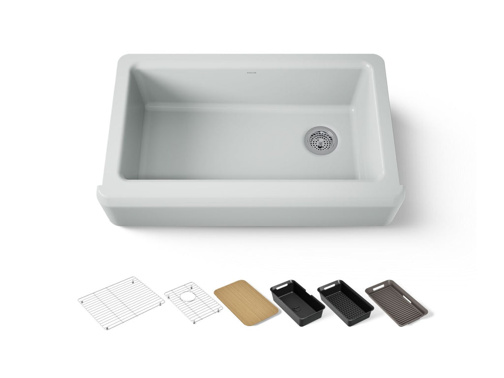 KOHLER K-24564-PC-95 Riverby 35-3/4" Undermount Single-Bowl Farmhouse Workstation Kitchen Sink - Ice Grey