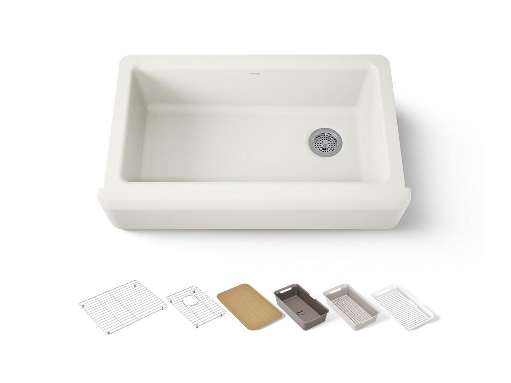 KOHLER K-24564-PC-96 Riverby 35-3/4" Undermount Single-Bowl Farmhouse Workstation Kitchen Sink - Biscuit