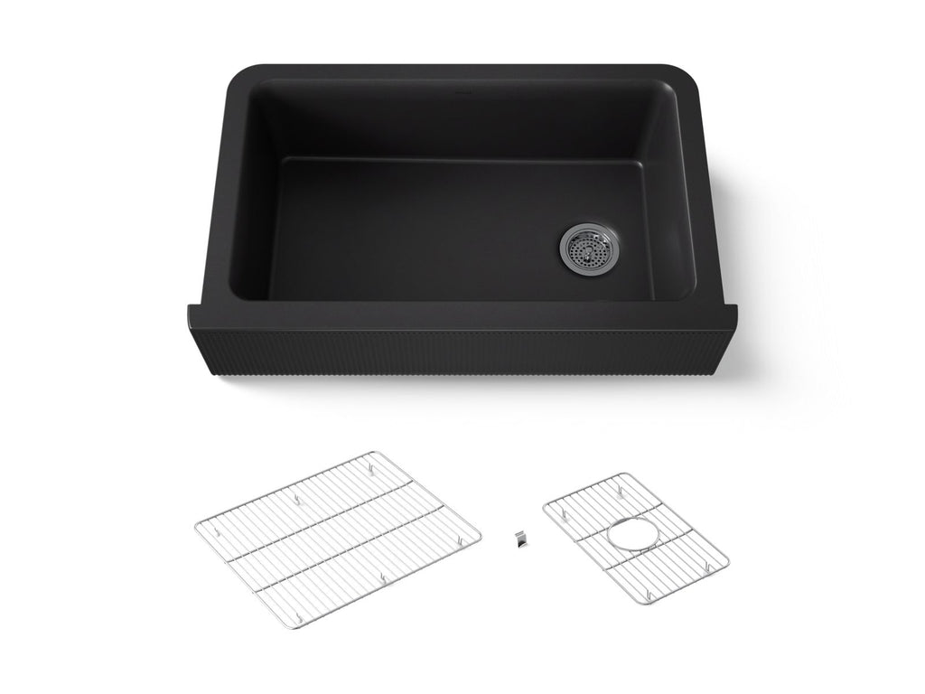 KOHLER K-25788-CM1 Cairn 34" Undermount Single-Bowl Farmhouse Kitchen Sink With Fluted Design - Matte Black