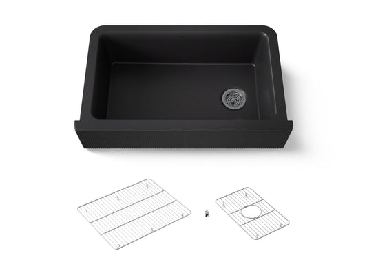 KOHLER K-25788-CM1 Cairn 34" undermount single-bowl farmhouse kitchen sink with fluted design - Matte Black