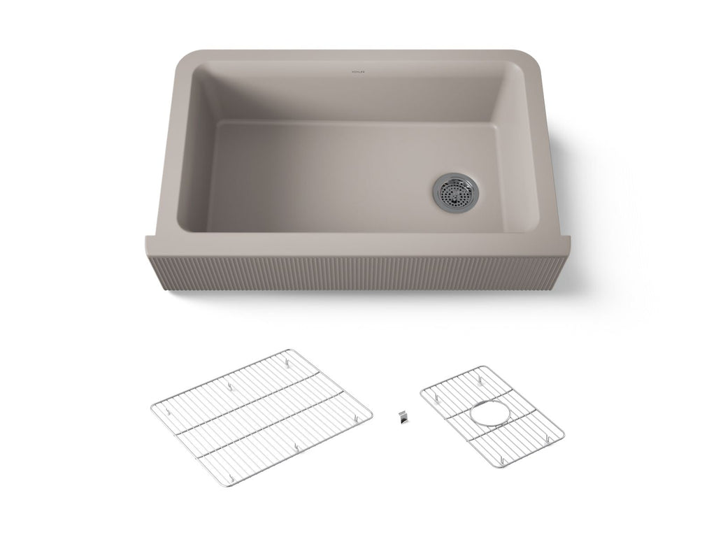 KOHLER K-25788-CM3 Cairn 34" Undermount Single-Bowl Farmhouse Kitchen Sink With Fluted Design - Matte Taupe