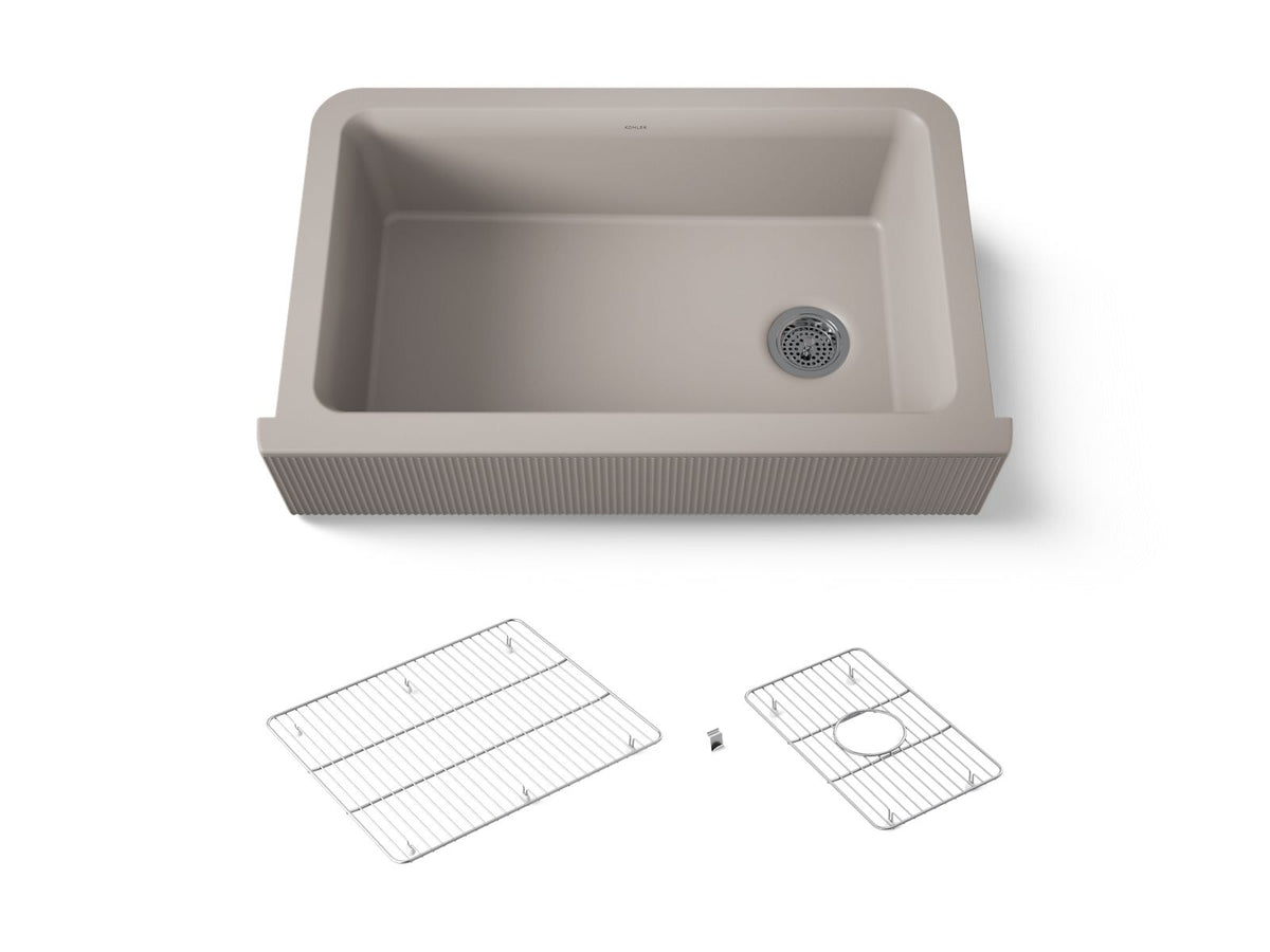 KOHLER K-25788-CM3 Cairn 34" Undermount Single-Bowl Farmhouse Kitchen Sink With Fluted Design - Matte Taupe