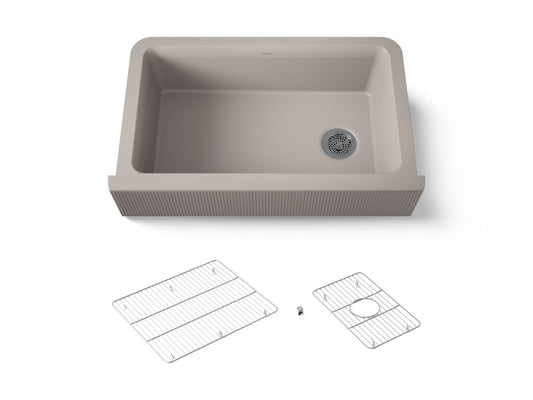KOHLER K-25788-CM3 Cairn 34" undermount single-bowl farmhouse kitchen sink with fluted design - Matte Taupe