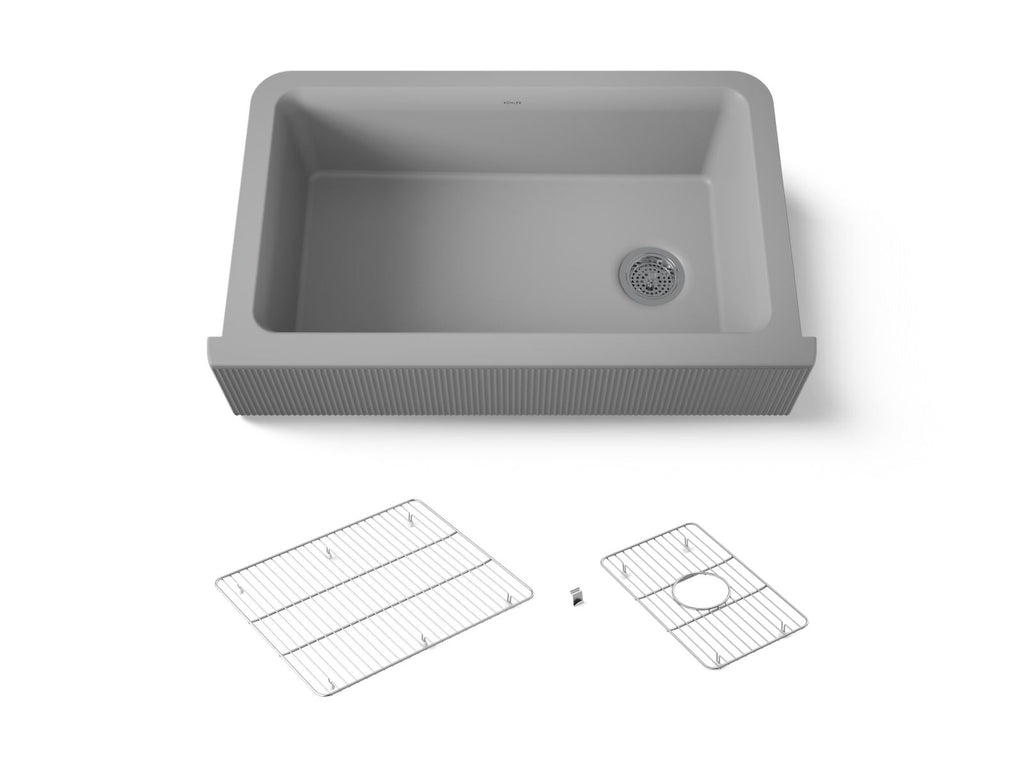KOHLER K-25788-CM4 Cairn 34" Undermount Single-Bowl Farmhouse Kitchen Sink With Fluted Design - Matte Grey