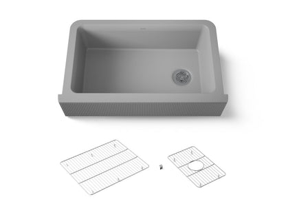 KOHLER K-25788-CM4 Cairn 34" undermount single-bowl farmhouse kitchen sink with fluted design - Matte Grey