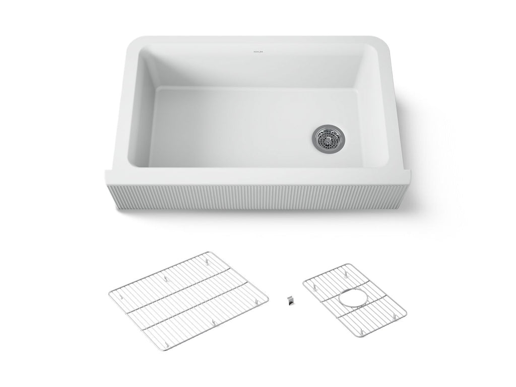 KOHLER K-25788-CM6 Cairn 34" Undermount Single-Bowl Farmhouse Kitchen Sink With Fluted Design - Matte White